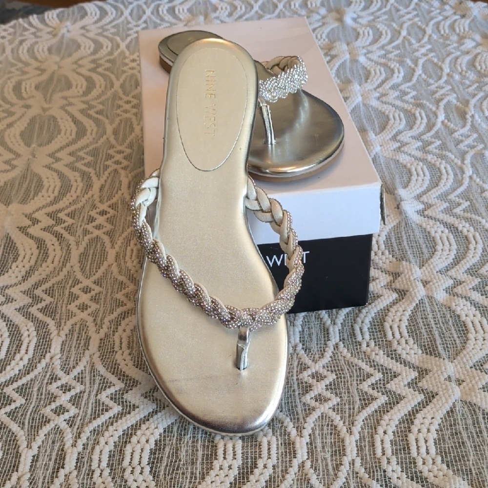 Nine West Silver Braided Rhinestone Thong Sandal - 8.5